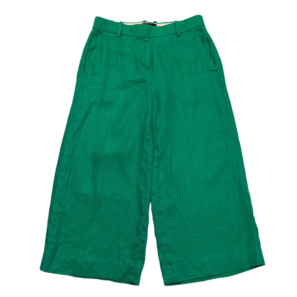 J. Crew Kelly Green Herringbone 100% Linen Preppy Wide Leg Cropped Pants 2P - Picture 2 of 10